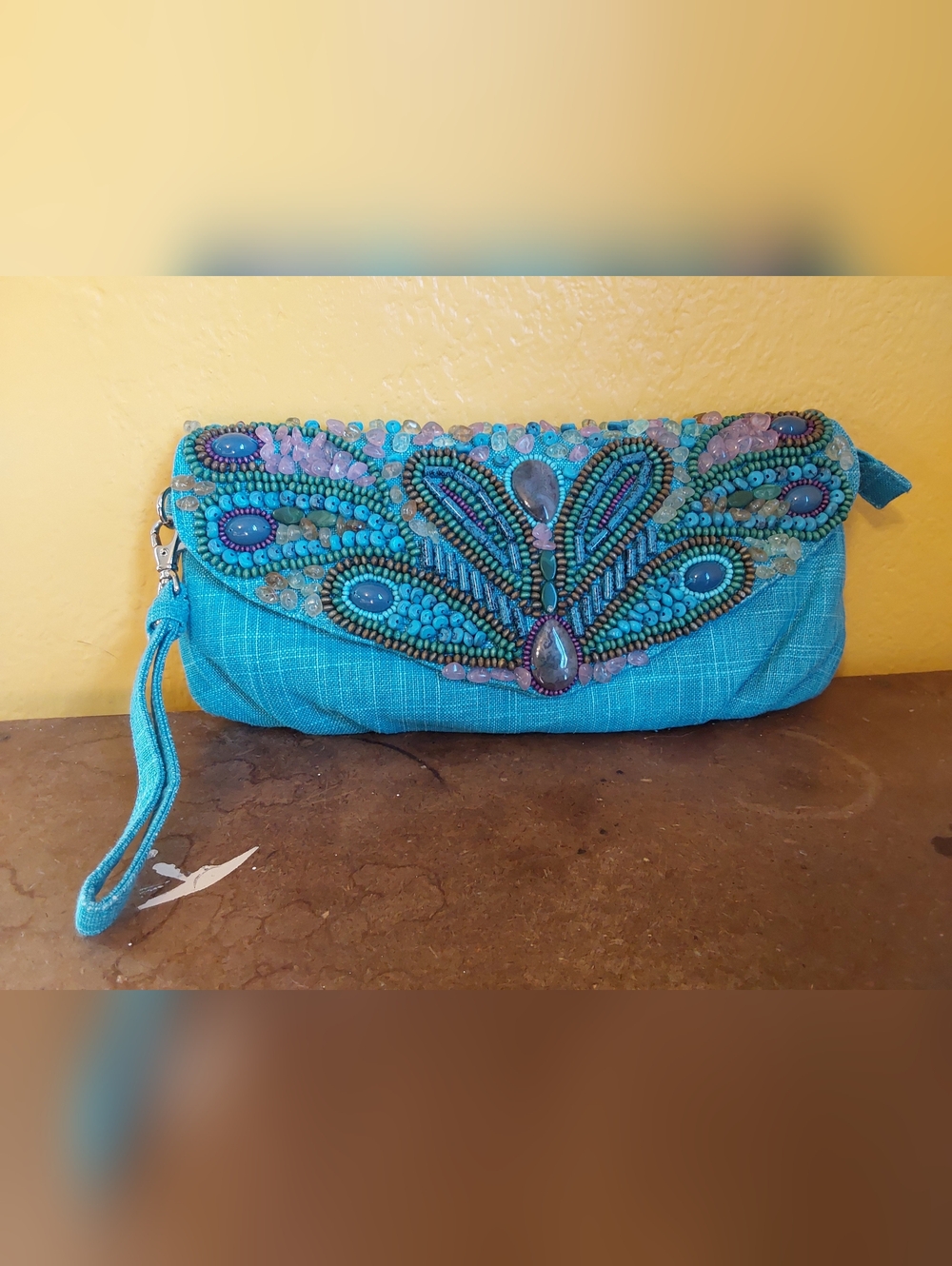 Chico's Turquoise-Colored Beaded Clutch Wristlet